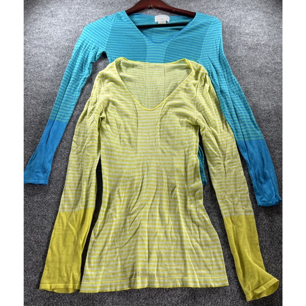 M.PATMOS Lot of 2 Superfine Cotton V-Neck Tops Size S Small Blue Yellow Striped